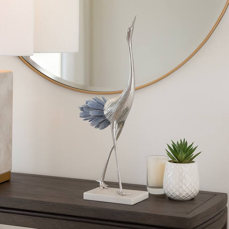 Abstract Metal and Stone Crane Sculpture Crystal Accent on Sturdy Base - 5.25" x 3.25" x 13.75"