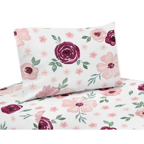 Burgundy and Pink Watercolor Floral 4-piece Queen Sheet Set - Blush Maroon Wine Rose Green White Shabby Chic Flower Farmhouse