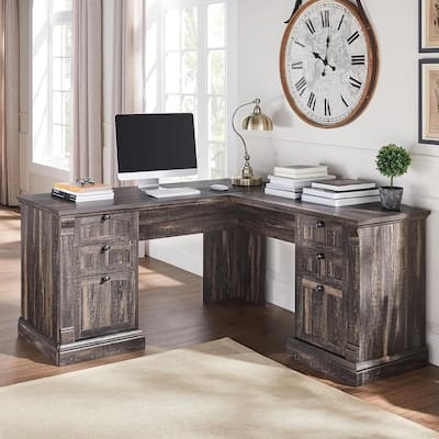 Farmhouse Computer Desk, Wood Home Office Desk with Charging Station