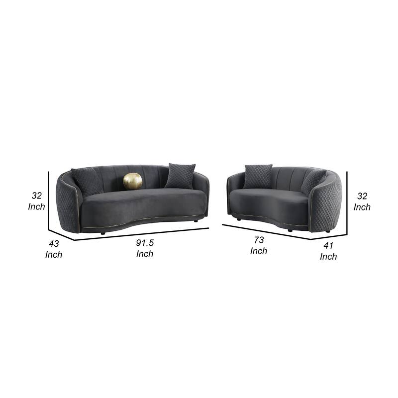 Buo 2pc Living Room Set, Sofa and Loveseat, Gold Trim, Dark Gray Velvet