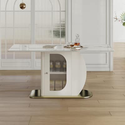 63" Modern Dining Table with Storage & Acrylic Cabinet – Sintered Stone Top on Golden Wood Base, Seats 4-6. - 63"