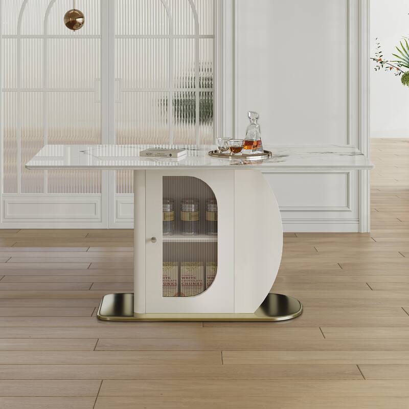 Dining Table for 4-6 People, Kitchen Table with Storage Shelf & Acrylic Door Cabinet, Home Office Table with Marble Top - White