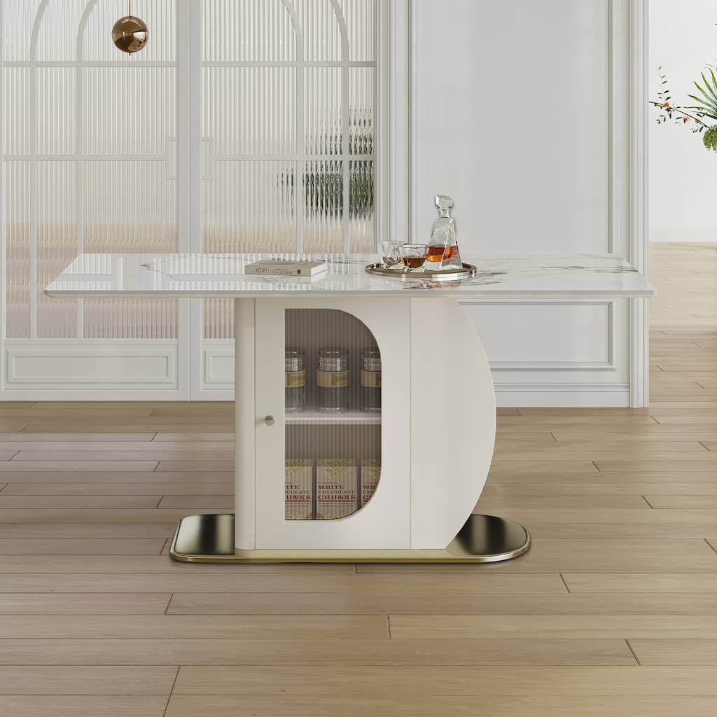 Dining Table for 4-6 People, Kitchen Table with Storage Shelf & Acrylic Door Cabinet, Home Office Table with Marble Top