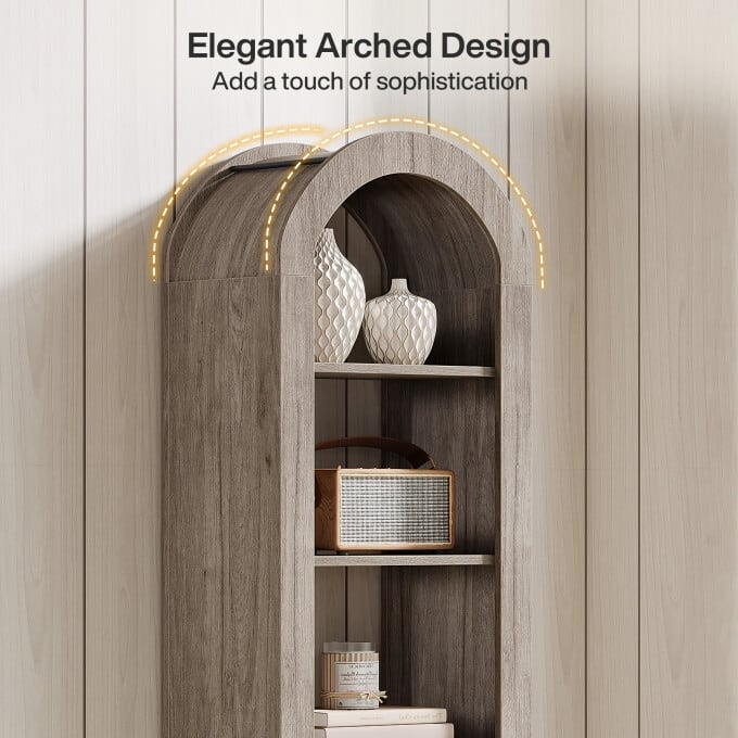6-Tier Wooden Tall Bookshelf, 74.8 Inches Rustic Arched Bookcase