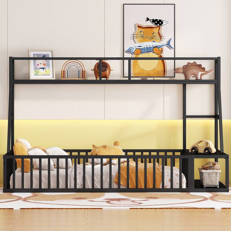 Twin Size Floor Bed Frame with Safety Fence, Metal Floor Bed with Desk and Storage Shelves, Playhouse for Kids