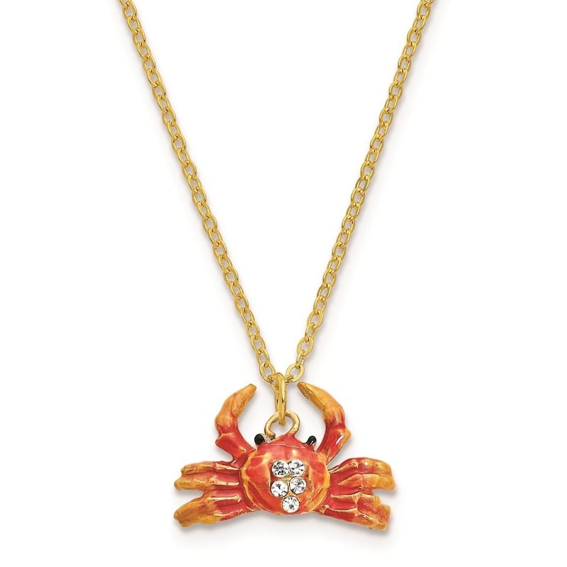 Curata Pewter Crystals Gold-Tone Enameled Movable Crabulous Red Orange Crab Trinket Box on 18 Inch Necklace