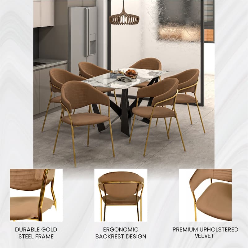 LeisureMod Bella Modern Mid-Century Leather/Velvet Dining Chair in Gold Stainless Steel Armchair for Home & Kitchen Banquet