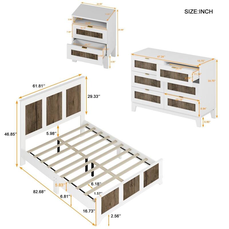 4-Pc Full/Queen Farmhouse Bedroom Set with Wooden Strip Stickers, Storage Nightstand & Dresser, White/Black