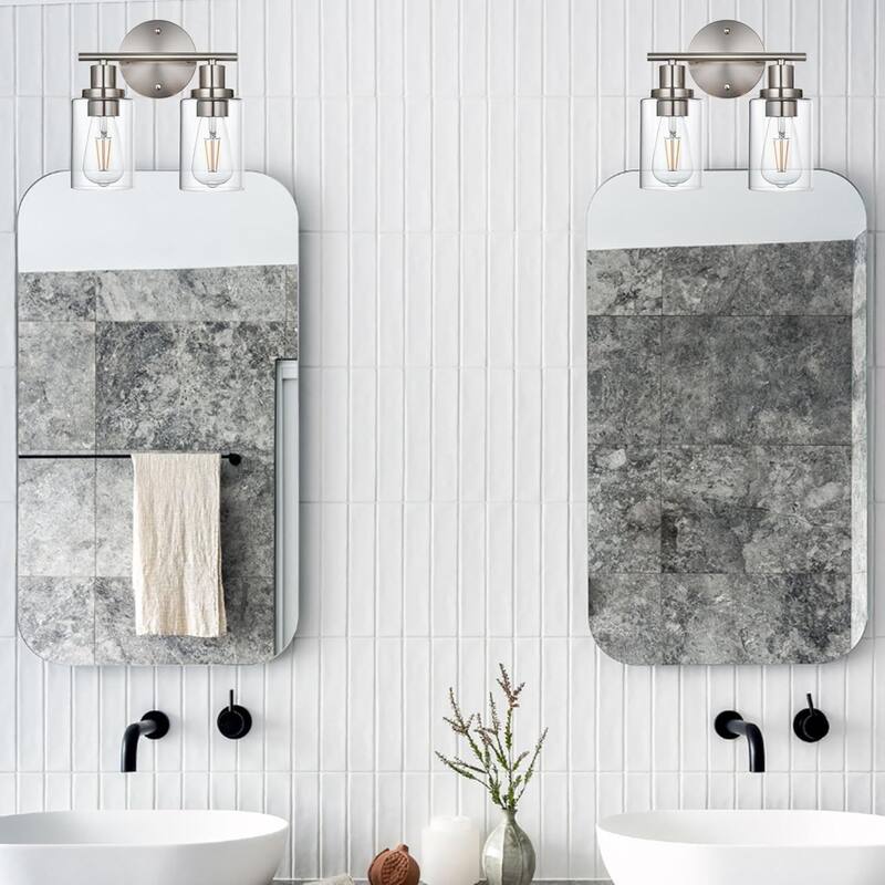 2-Light Bathroom Light Fixtures, Brushed Nickel Modern Vanity Lights Over Mirror with Clear Glass Shade, Bathroom Wall Lamp