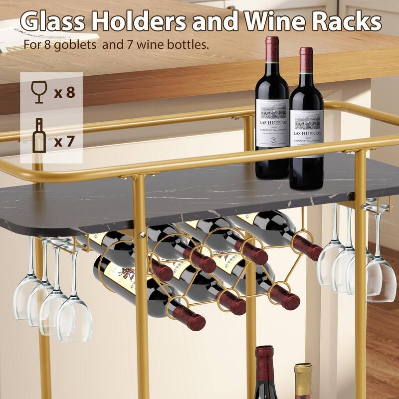 EROMMY Gold Bar Cart with Wheels, Rolling Liquor Cart with Wine Rack and Glass Holder, Modern Bar Trolley for Home Kitchen.