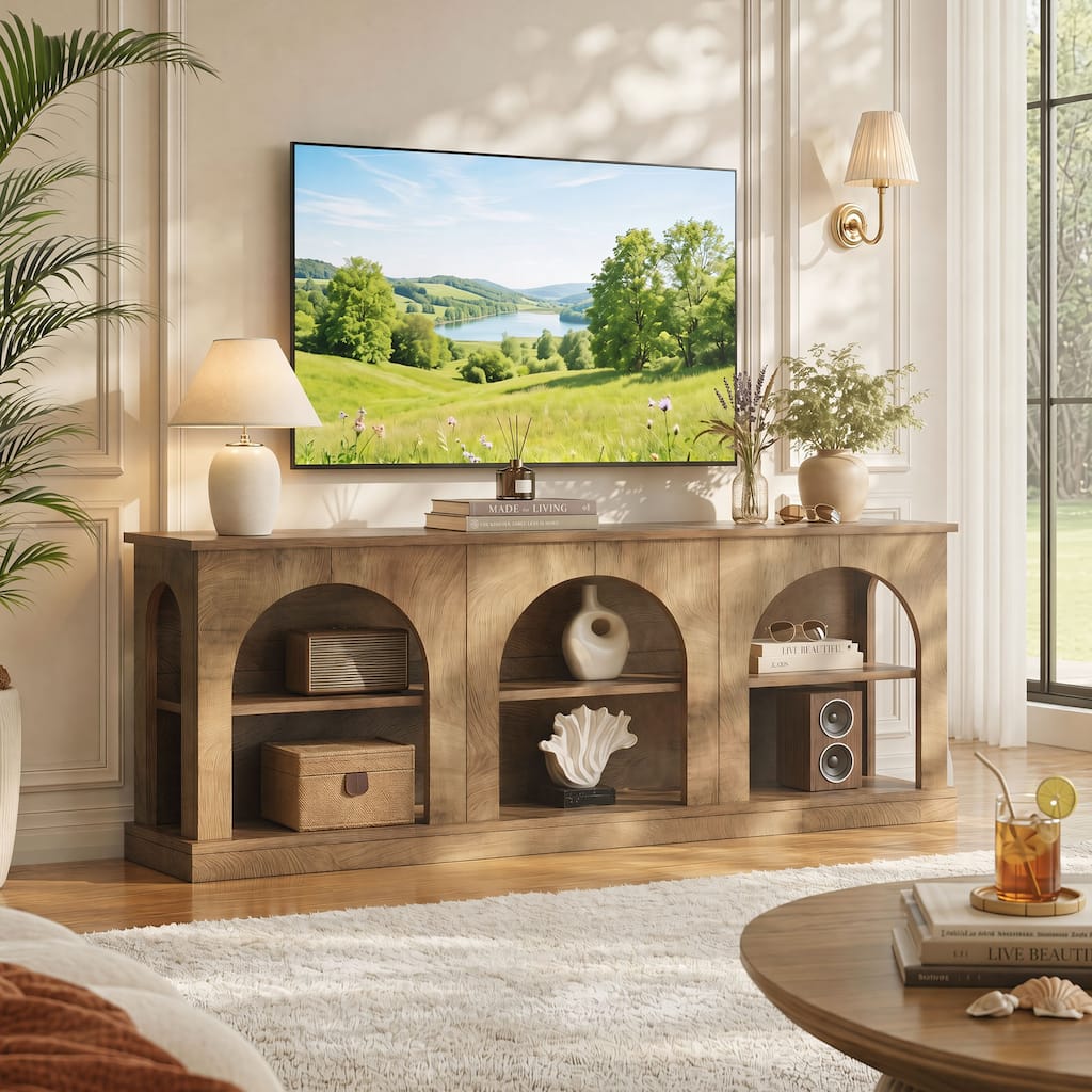 TV Stand for 70 Inch TV, Entertainment Center with Open Storage Shelves, 63" Television Console Table Arched Media Table