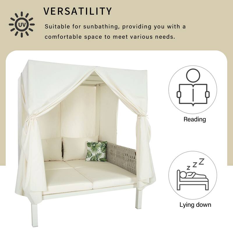 Outdoor Double Daybed Iron Patio Sunbed with Curtains and Removable Cushions