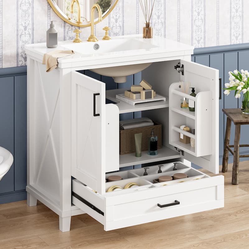 30" Bathroom Vanity with Single Sink - Solid Wood & MDF, 2 Soft-Close Doors, Divided Drawer, Dual Shelves, Compact Storage - White
