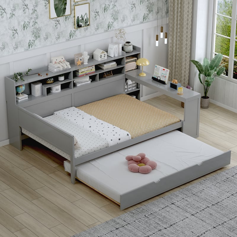 Wooden Full Size Daybed with Storage Shelves, Multi-functional Bed with Twin Size Trundle Bed - Grey