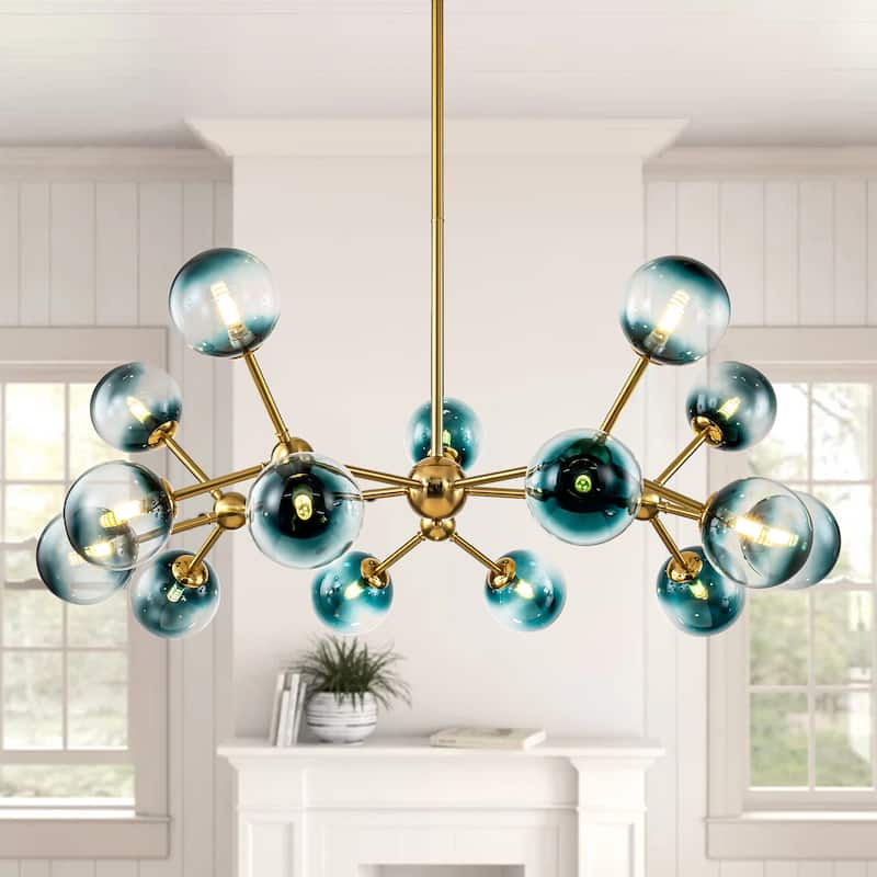 15-Light Brass Sputnik Gradient Blue Glass Globe Bubble Chandelier/ Dining Room Celing Light