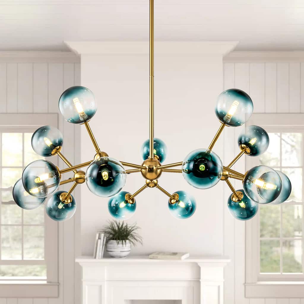 15-Light Modern Glam Linear Sputnik Gradient Blue Glass Globe Bubble Branch Chandelier
