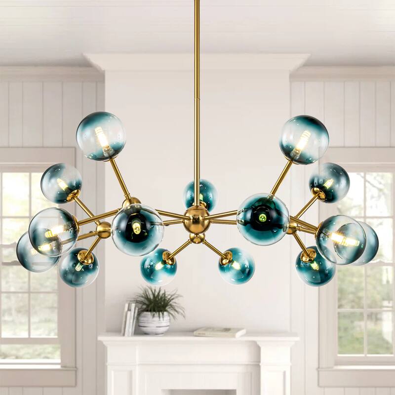 15-Light Modern Glam Linear Sputnik Gradient Blue Glass Globe Bubble Branch Chandelier - Brushed Brass