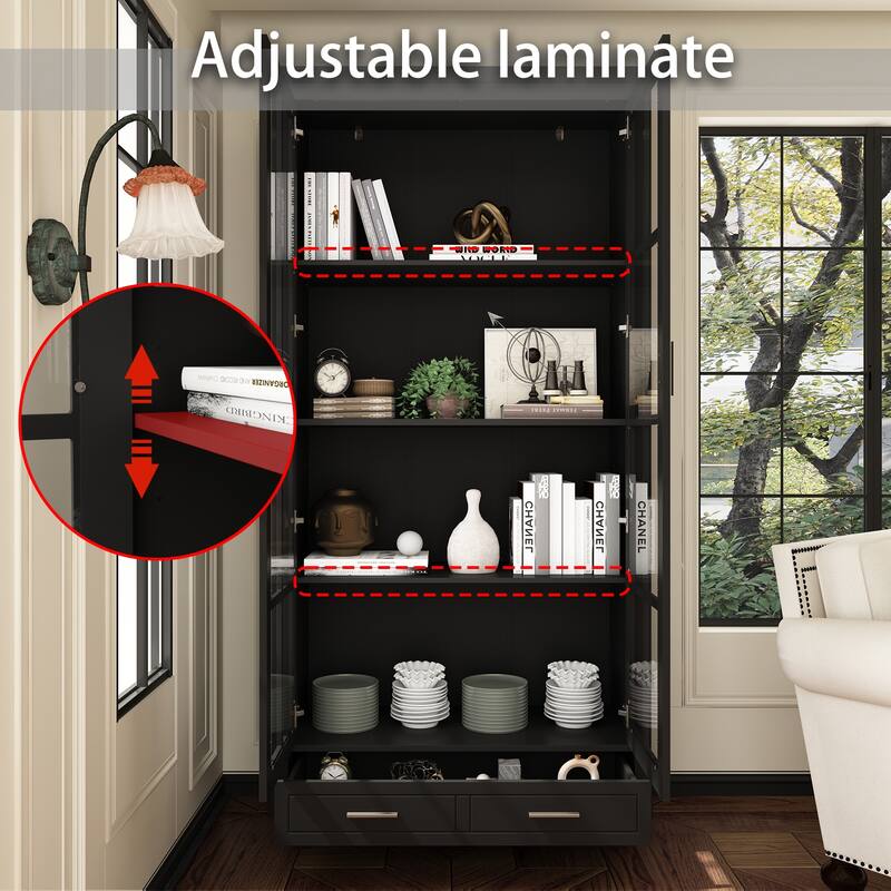 Bookcase Storage Cabinet with Glass Door& Drawer Display Cabinet White