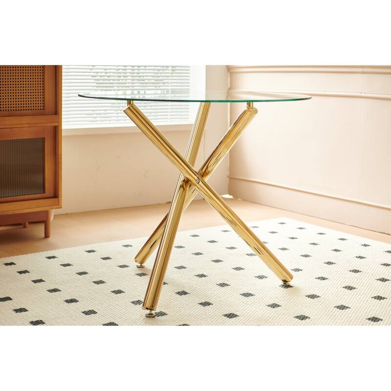 Round Dining Table with Metal leg and Tempered glass,Modern Space Saving Kitchen Table for Living Room