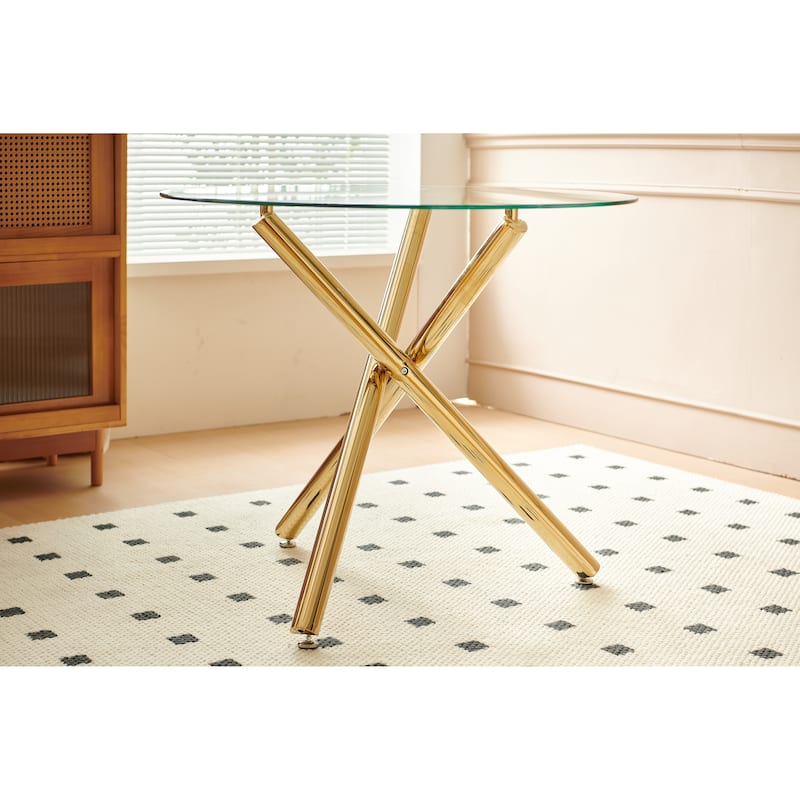 Round Glass Dining Table for 2-4 People, Kitchen Table with Glass Top & Metal Legs, Modern Compact Circle Side Desk