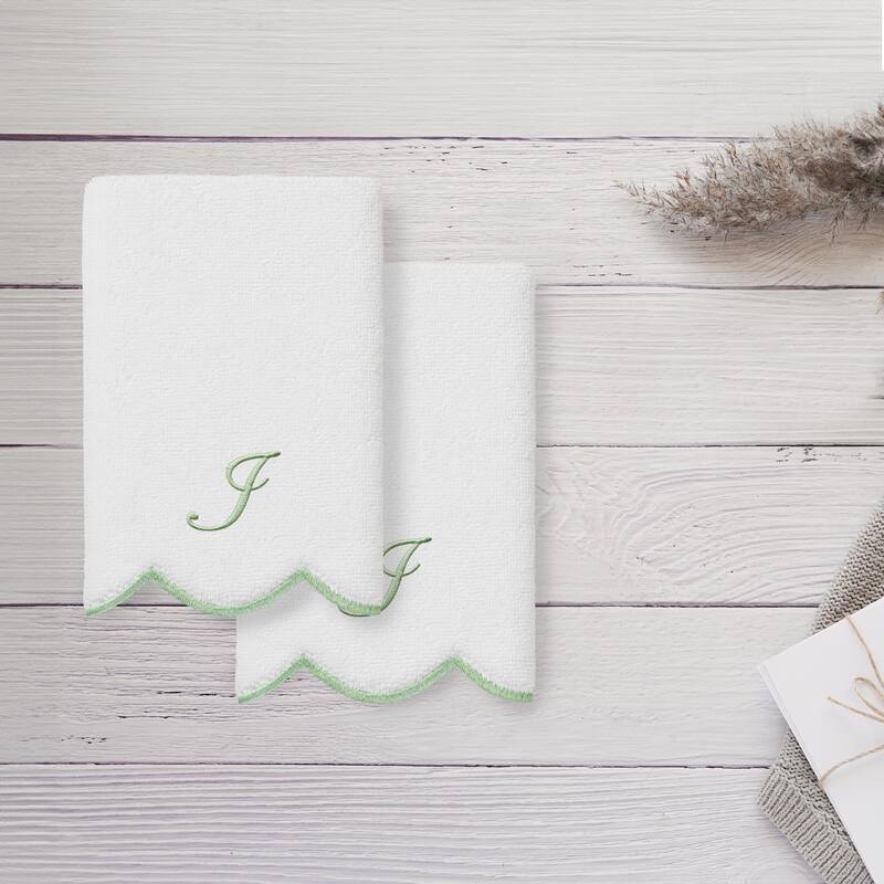 Authentic Hotel and Spa 100% Turkish Cotton Green ADORNIA Scallop Personalized 2 Piece Fingertip Towel Set - 2 Fingertip Towels