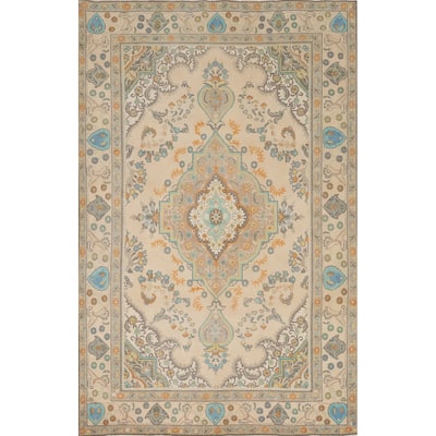 Hand Knotted Oriental 100% Wool Carpet Traditional Floral Beige & Ivories Tabriz Area Rug - 9' 3'' X 6' 3''