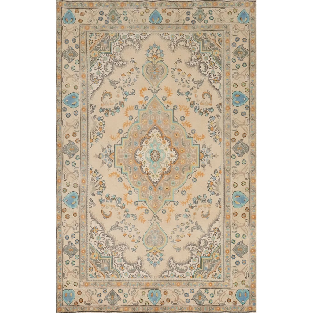 Hand Knotted Oriental 100% Wool Carpet Traditional Floral Beige & Ivories Tabriz Area Rug - 9' 3'' X 6' 3''