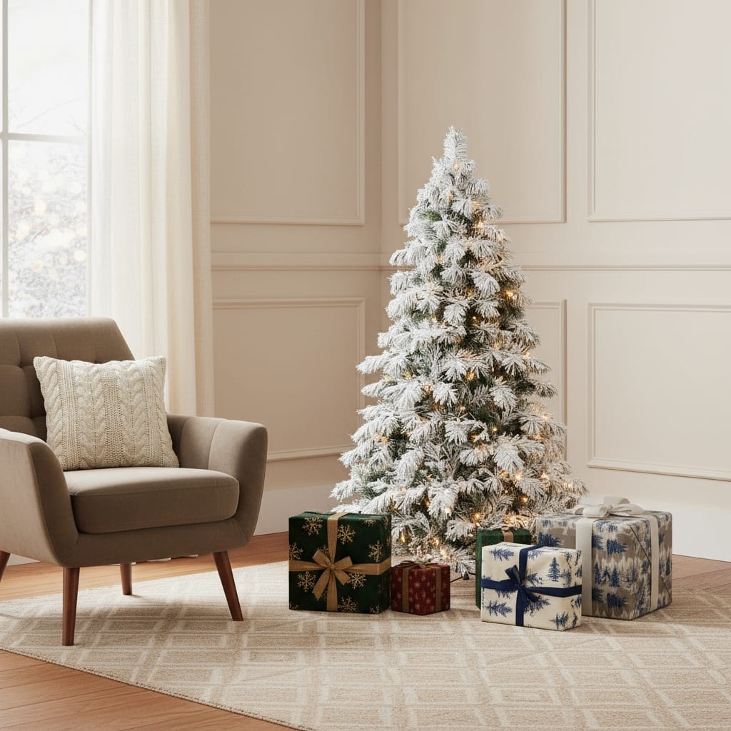 HomeRoots 5' White Pre Lit Full Flocked Fir Christmas Tree - Green - 36.00 in. x 60.00 in. x 36.00 in.