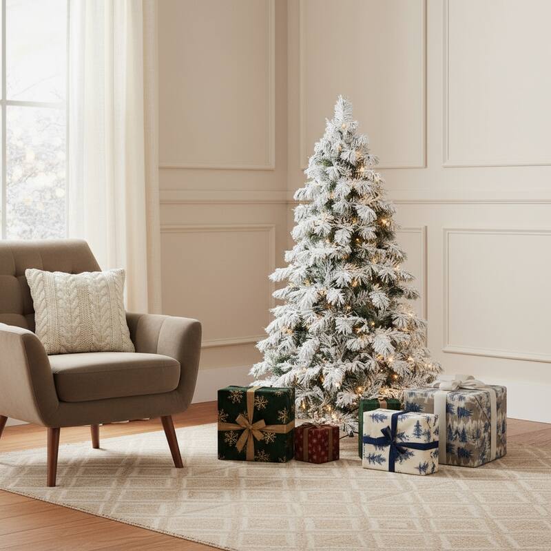 HomeRoots 5' White Pre Lit Full Flocked Fir Christmas Tree - Green - 36.00 in. x 60.00 in. x 36.00 in. - Green/White - 5 Foot