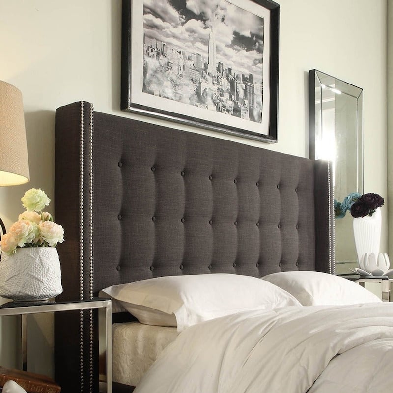 Marion Button-tufted Wingback Headboard by iNSPIRE Q Bold - Queen Dark Grey Linen Headboard - Queen