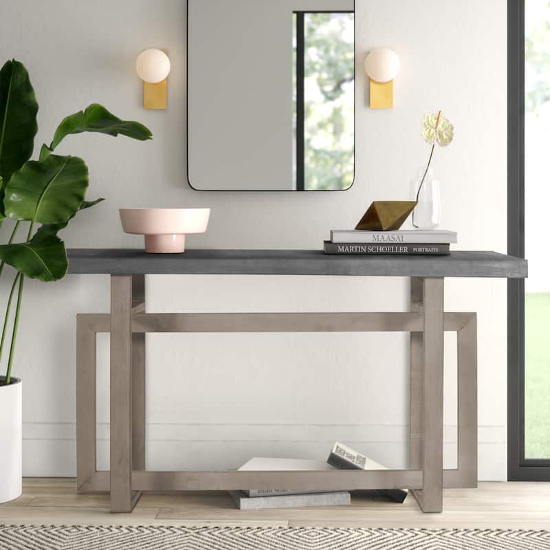 59 Inch Artisan Crafted Farmhouse Console Table with Geometric Interlocked Base, Rustic Light Brown - Brown - Wood