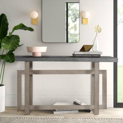 59 Inch Artisan Crafted Farmhouse Console Table with Geometric Interlocked Base, Rustic Light Brown