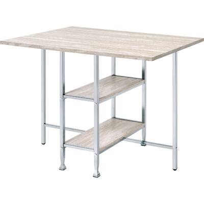 Counter Height Table with 2 Shelves, Antique White and Chrome