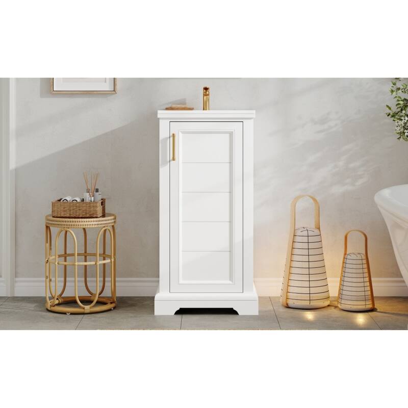 Roomfitters 16 Inch Bathroom Vanity with Ceramic Sink, Freestanding French Style Storage Cabinet & Adjustable Shelf, White