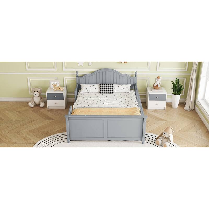 Roomfitters Twin/Full Platform Bed, Slatted Headboard and Removable Guardrails with Wooden Frame for Bedrooms or Guest Rooms