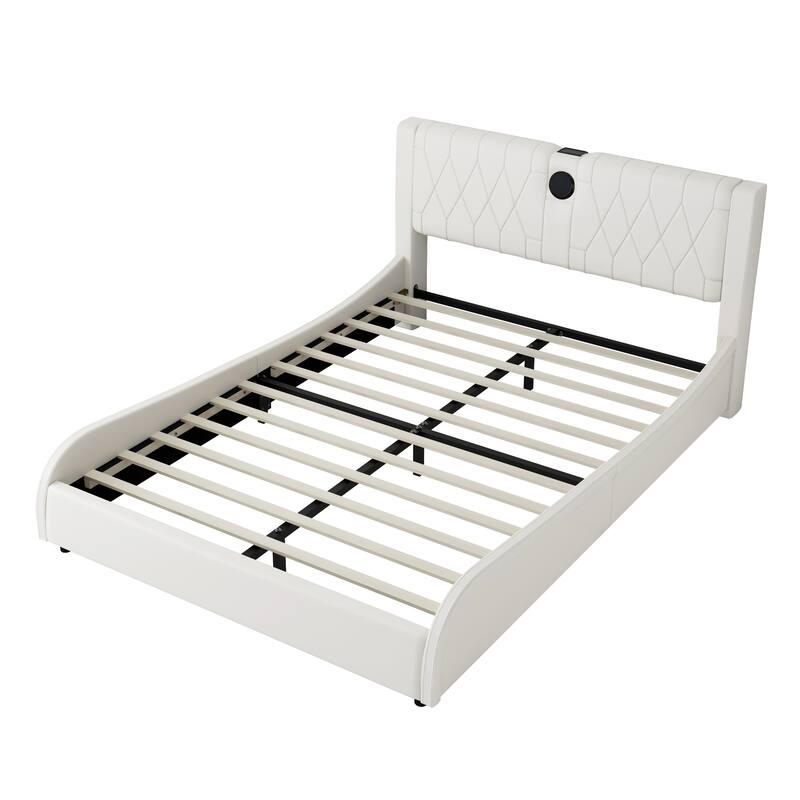 Leather Upholstered Platform Bed Curved Wingback Bed with Thickened Headboard, Bluetooth Speakers and RGB LED Light