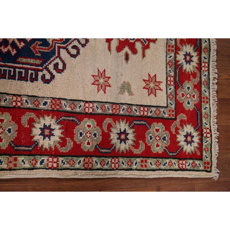 Ivory Geometric Kazak Accent Rug Hand-Knotted Wool Carpet - 2'10" x 3'10"