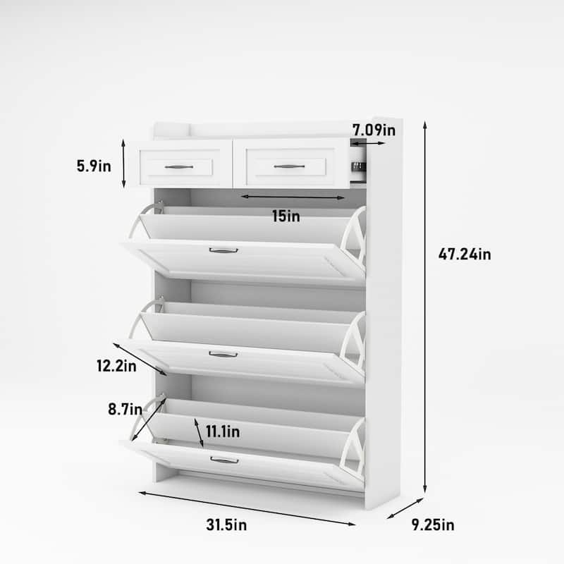 24-Pair White Wood Foldable Shoe Storage Cabinet with 3-Doors 2-Drawers Shoe Rack Organizer,31.5 in. W x 47 in. H