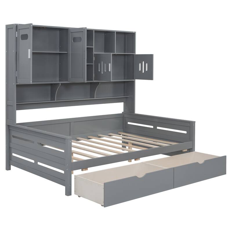 Full Size Wooden Daybed with 2 Drawers, Cabinet, and Shelf in Gray