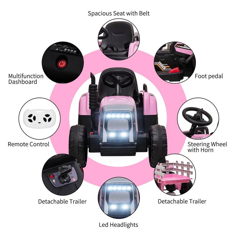 12V Kids Electric Tractor w/Remote Control Treaded Tires,Battery Powered Ride On Tractor with Trailer & 2+1-Gear-Shift
