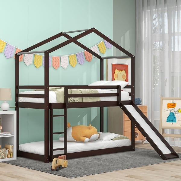 slide 2 of 16, Twin Over Twin Bunk Bed with Roof, Slide & Ladder, Playhouse-Inspired Design, Safe & Fun, Multiple Installation Options, Brown Espresso