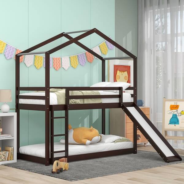 slide 2 of 33, Twin Over Twin Bunk Bed with Roof Espresso