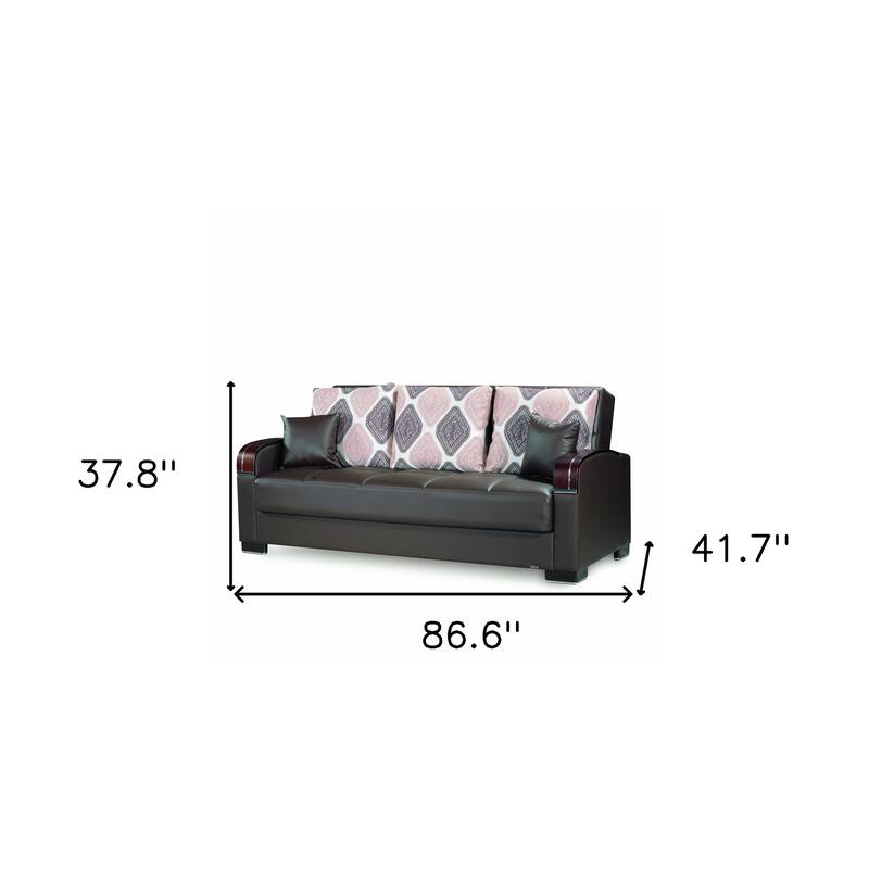 HomeRoots 87" Brown Faux Leather Convertible Futon Sleeper Sofa And Toss Pillows With Storage