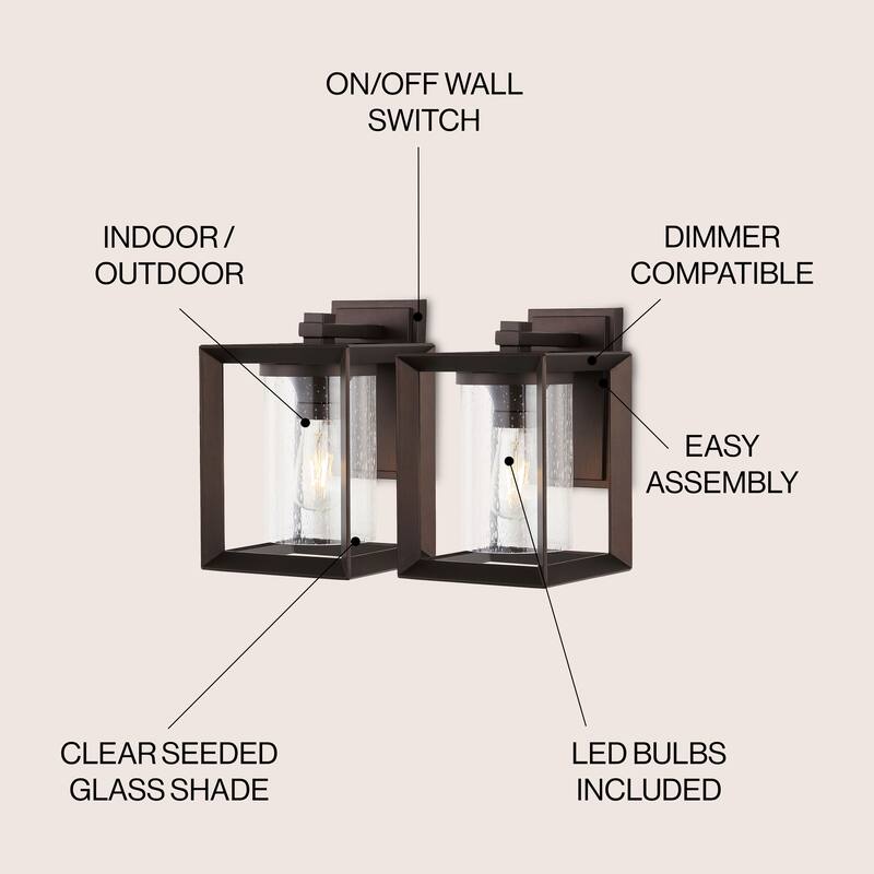 Bungalow 7.25" 1-Light Iron/Glass Modern Rustic Cube LED Outdoor Lantern, Oil Rubbed Bronze (Set of 2) by JONATHAN Y
