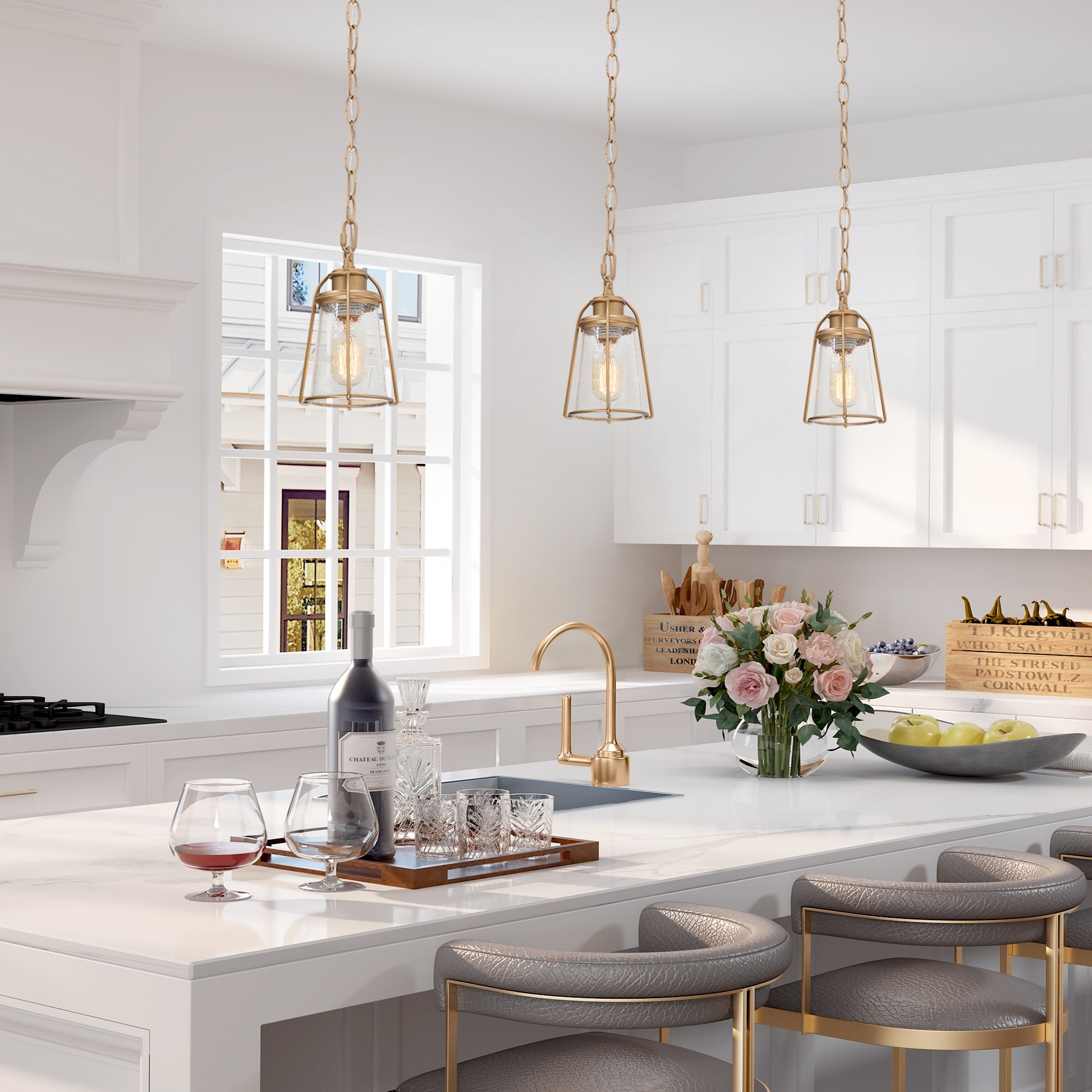 Mini Modern Coastal Brass/ Bronze Lantern Pendant LED Dimmable Kitchen Island Lighting with Glass - 5 inches