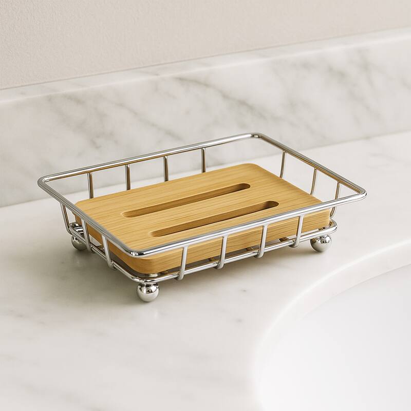 Bathroom Soap Dish Bamboo Tray Metal Wire - 4.14" L x 3.4" W x 1.4" H
