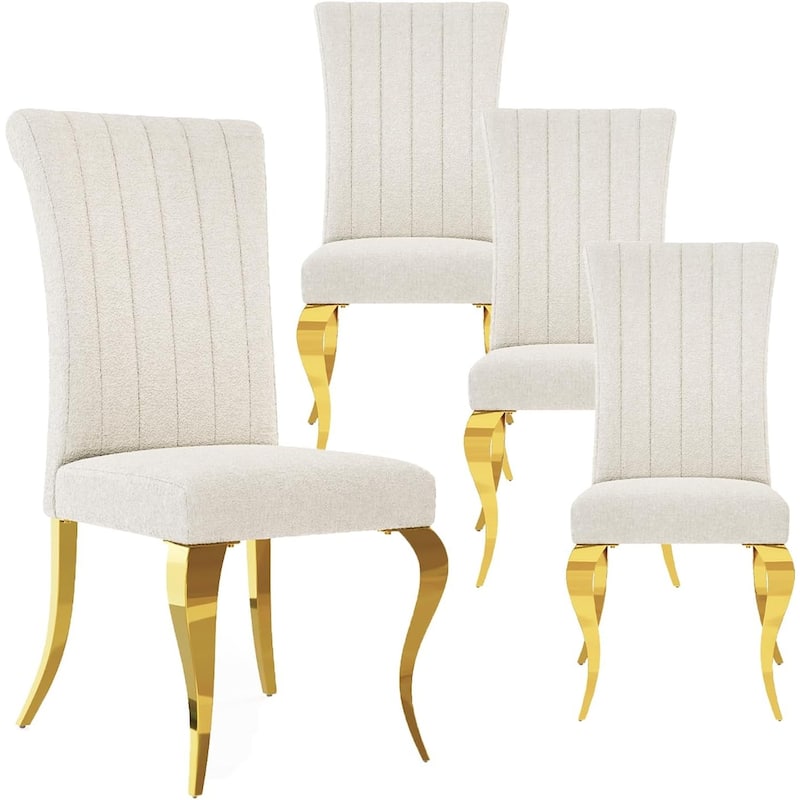Polished Gold Dining Chairs with White Boucle Upholstery - Set of 4 - Gold