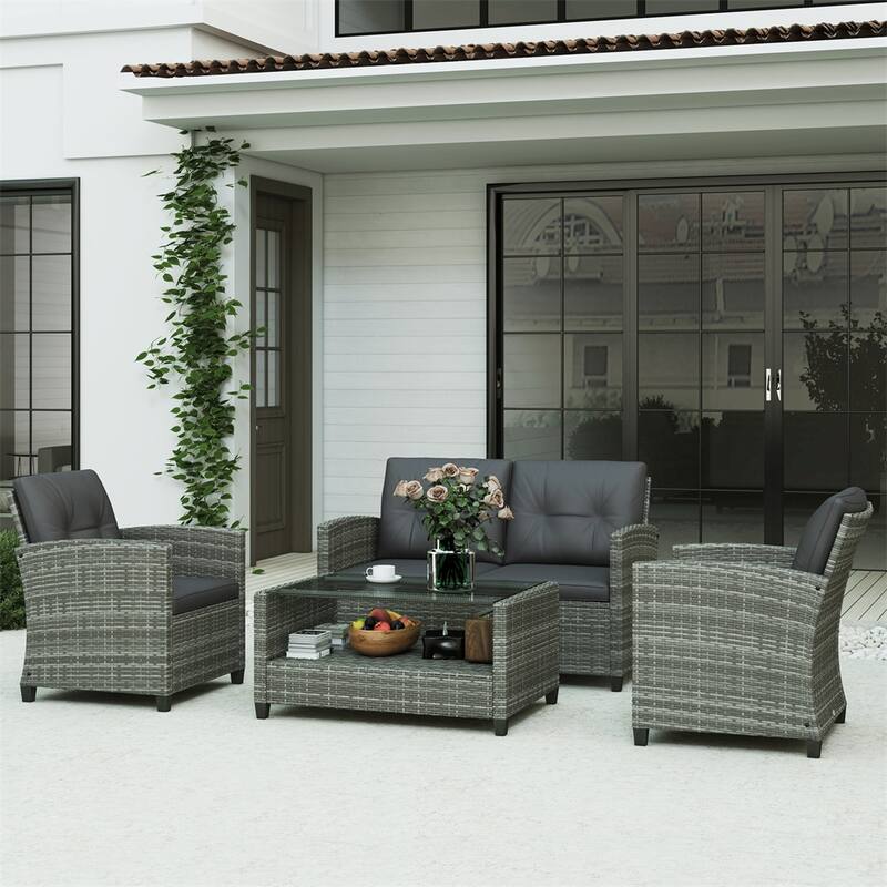 4-Piece Grey Wicker Patio Furniture Set with Charcoal Cushions and Two-Tier Coffee Table - 48.75" W x 26.75" D x 30" H