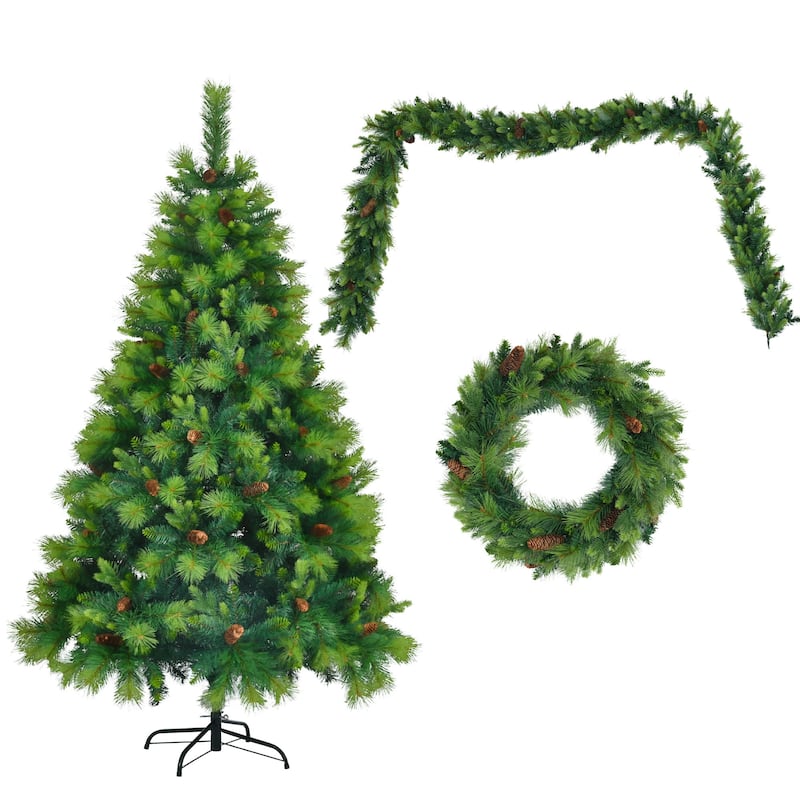 HomeRoots 6' Pre Lit Extra Full Pine Christmas Tree With Garland And Wreath Set - Green - 44.90 in. x 72.00 in. x 44.90 in.