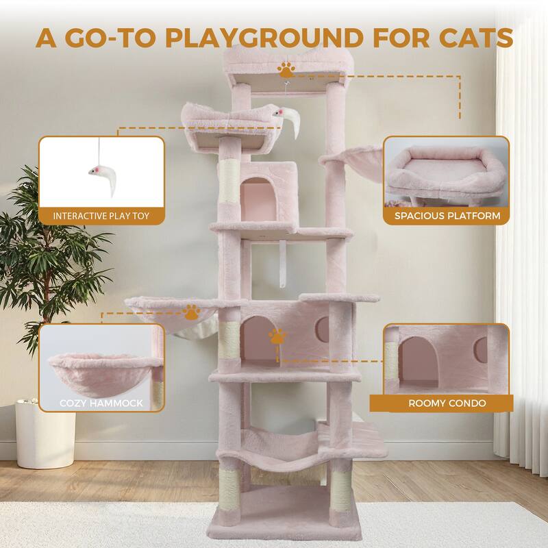 68in Tall Multi-Level Cat Tree with Hammocks, Hanging Basket, Cat Cave, Removeable Cushion, Scratching Posts